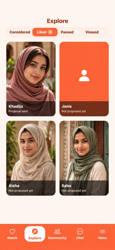 Zawaj app Explore screen showing liked profiles of several matches