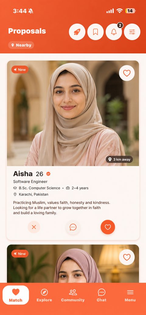 Zawaj app Proposals screen showing a verified Muslim match profile