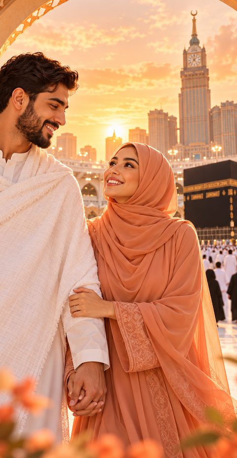 A married Muslim couple performing Umrah together at the Ka'aba in Makkah